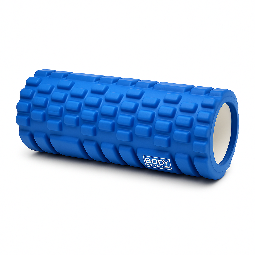 Blue foam roller with textured surface on a white background