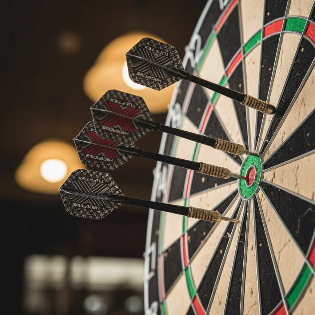 Flights attached to darts on dartboard