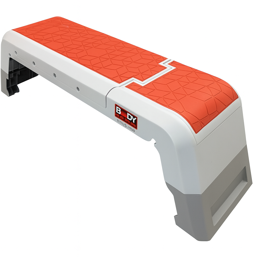 Step platform with orange surface and white base on a white background