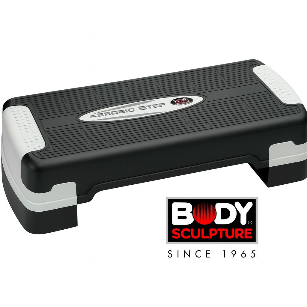 Black and white aerobic step with BODY Sculpture logo on a white background