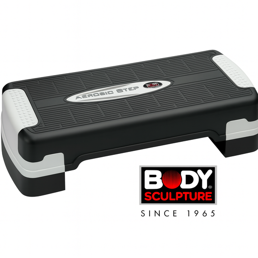 Black and white aerobic step with BODY Sculpture logo on a white background