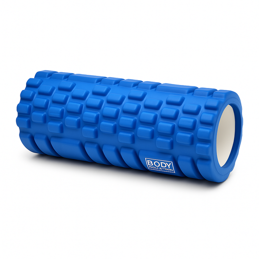 Blue foam roller with textured surface on a white background