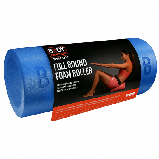 Blue foam roller with branding on a white background