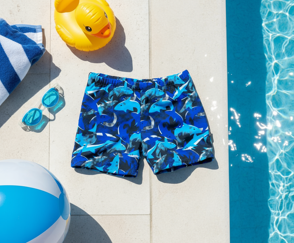 Fun Skulls Swim Short Flat-Lay with Pool Accessories